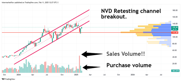 Line chart showing a stock price retesting a breakout level with high trading volume. Technical Indicators