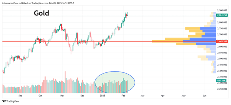 Line chart showing a significant increase in trading volume for gold. Intermarket and Macroeconomic Analysis