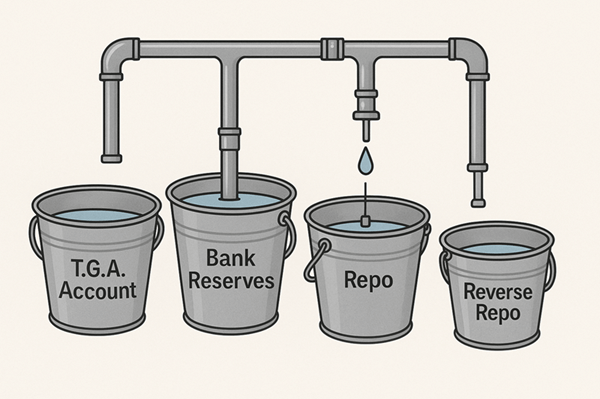 Three buckets filled with water under a running faucet